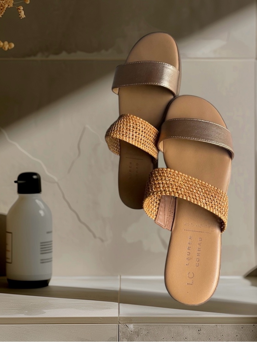 LC Lauren Conrad Tan and Gold Metallic Woven Slide Sandals